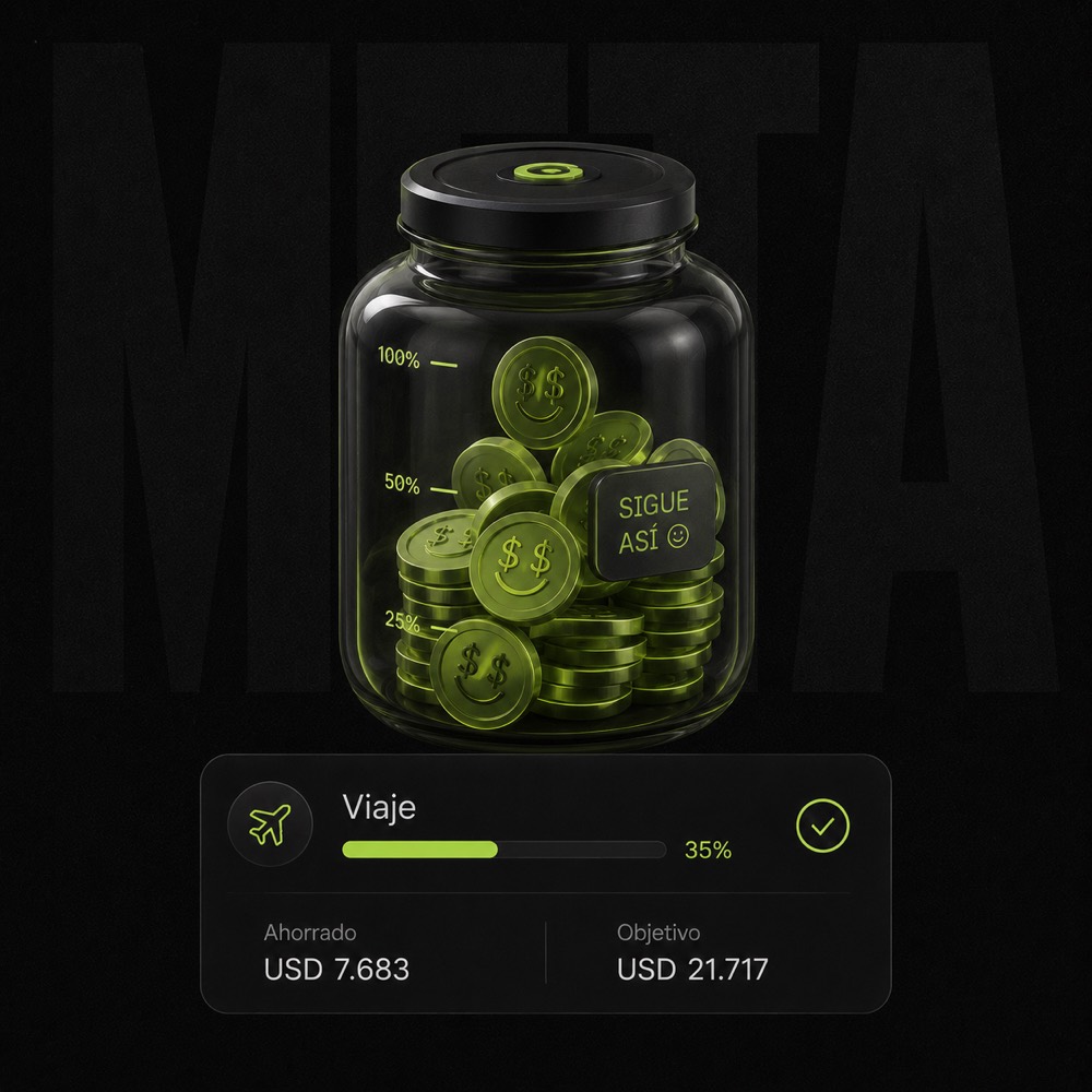 Frasco con monedas y una meta de ahorro de viaje al 35%