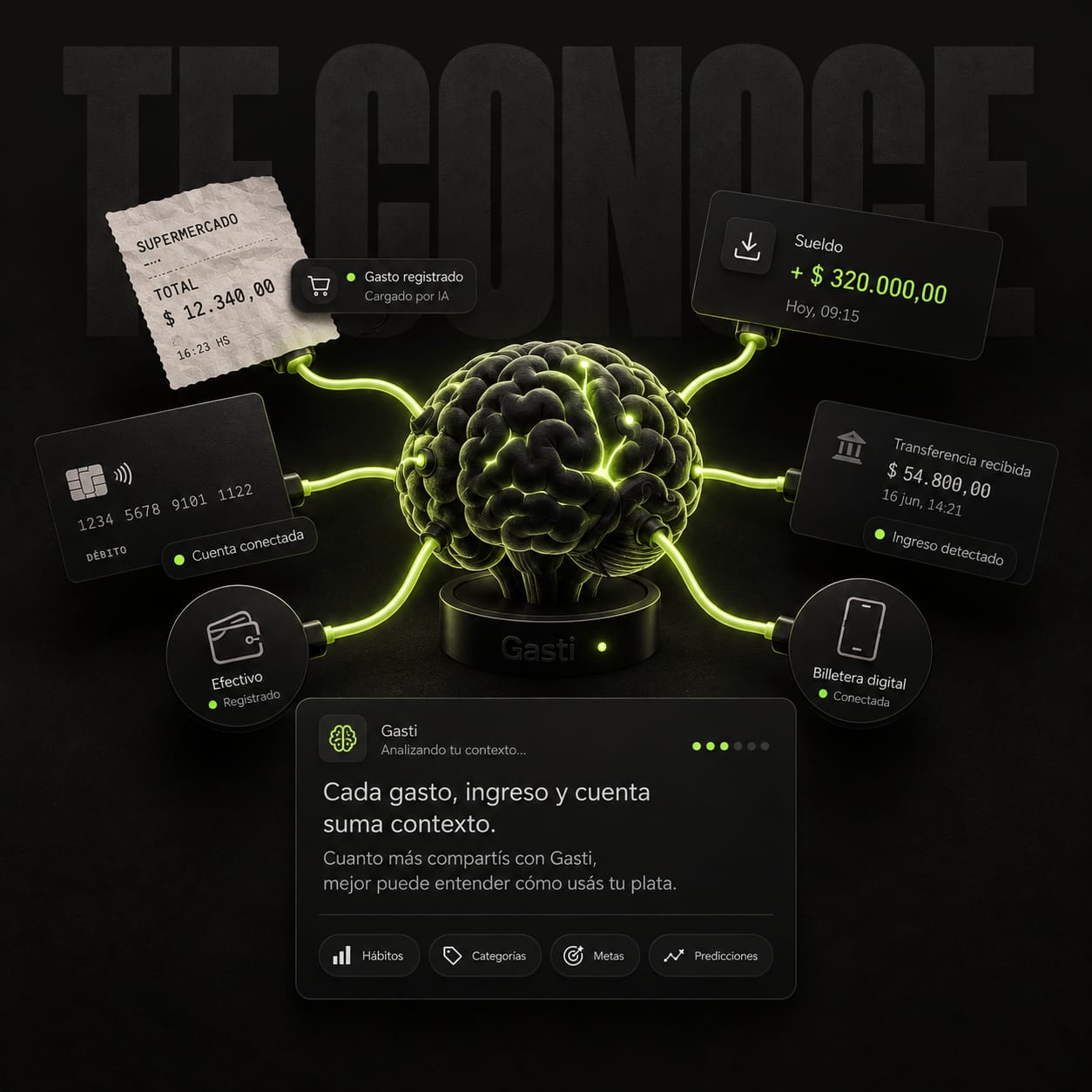 Un cerebro conectado a gastos, ingresos, cuentas y billeteras